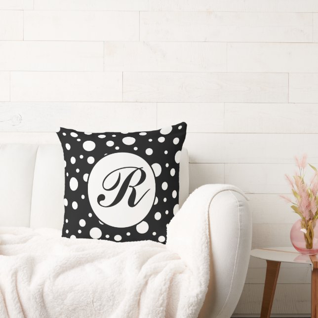 Monogram White on Black Polka Dot Pattern Cushion (Couch)