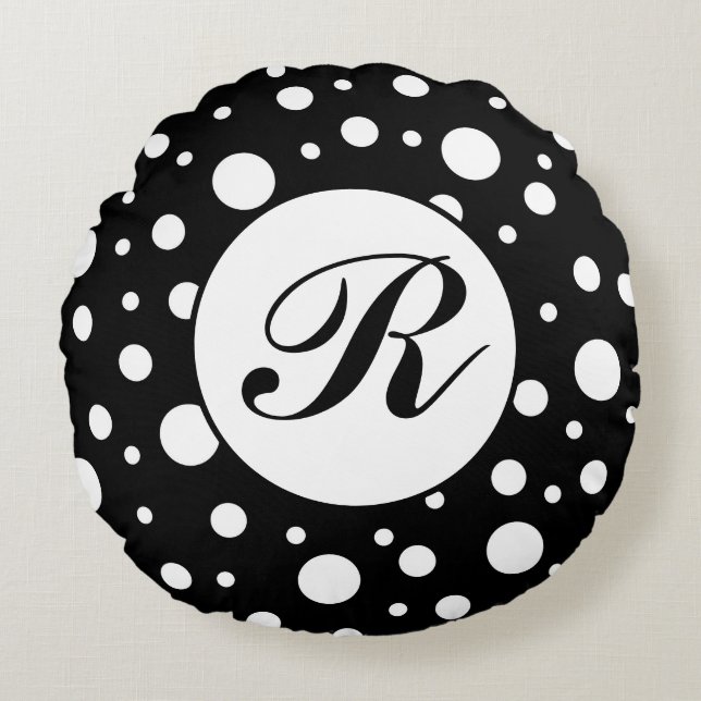 Monogram White on Black Polka Dot Pattern Round Cushion (Front)