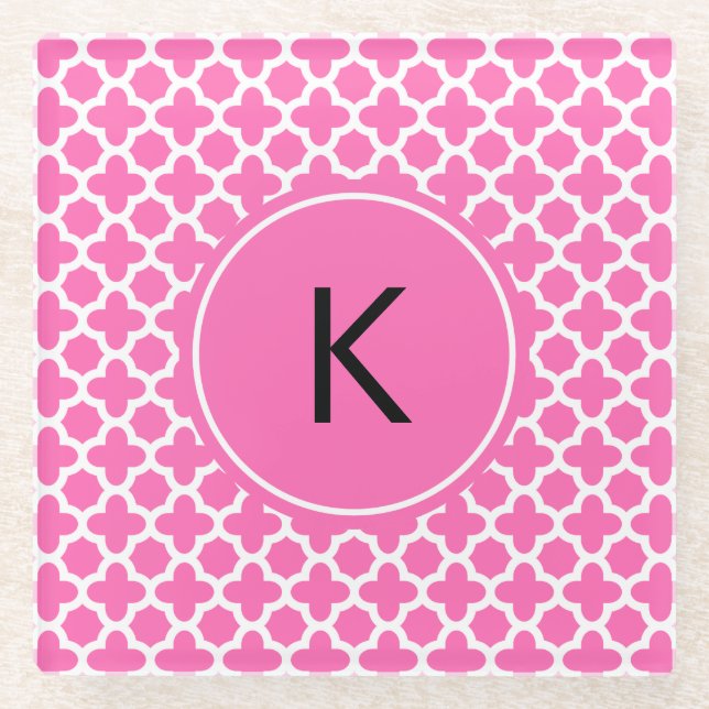 Monogram White on Hot Pink Quatrefoil Pattern Glass Coaster (Front)
