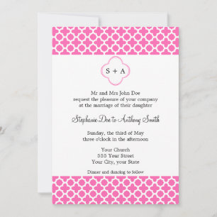 Monogram White on Hot Pink Quatrefoil Pattern Invitation