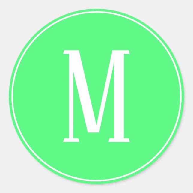 Monogram White on Light Green Round Sticker (Front)