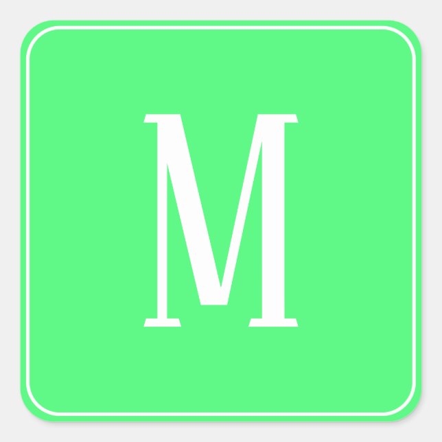 Monogram White on Light Green Square Sticker (Front)