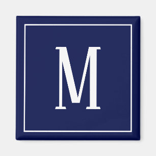 Monogram White on Navy Blue Square Magnet