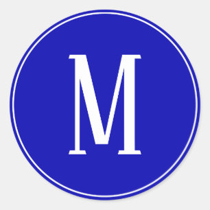 Monogram White on Royal Blue Round Sticker