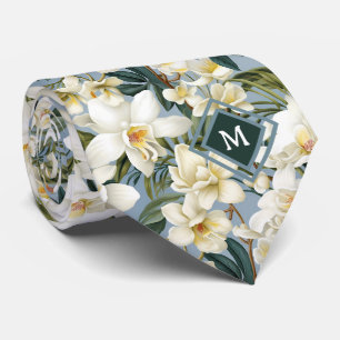 Monogram White Orchids Orchid Floral Flowers  Tie