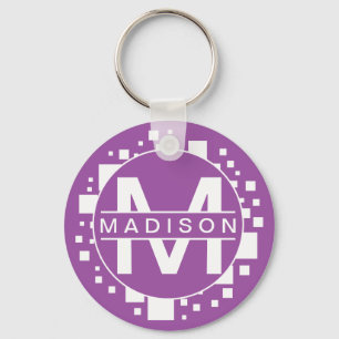 Monogram White Purple Initials Art Squares Circle  Key Ring