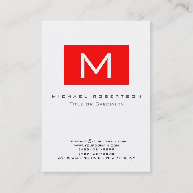 Monogram White Red Stripe Chubby Business Card (Front)
