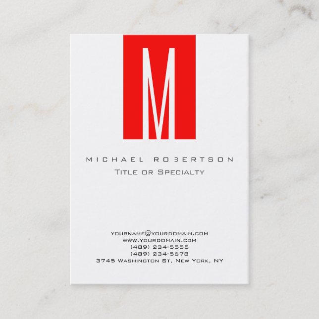 Monogram White Red Stripe Chubby Business Card (Front)