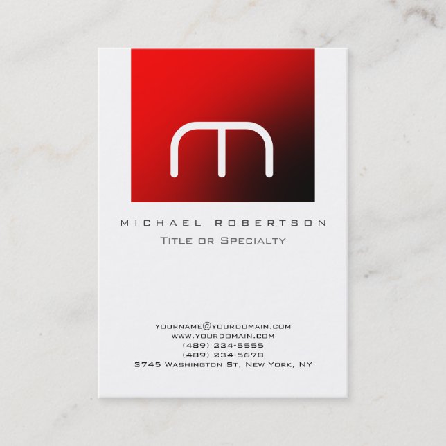 Monogram White Red Stripe Chubby Business Card (Front)
