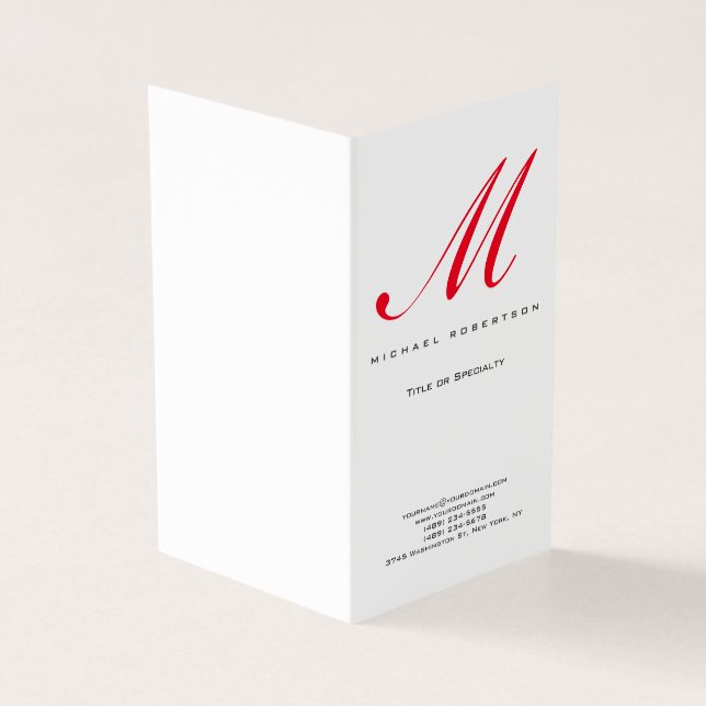 Monogram White Red Unique Standard Matte Business Card (Outside)