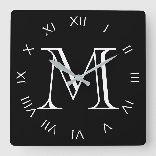 Monogram White Roman Numbers On Black wccn Square Wall Clock (Front)