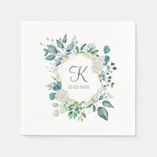 Monogram White Roses Greenery Eucalyptus Wedding Napkin