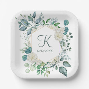 Monogram White Roses Greenery Eucalyptus Wedding Paper Plate