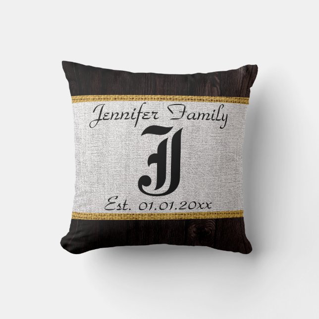 Monogram White Rustic Burlap Linen Wood Look Cushion (Front)