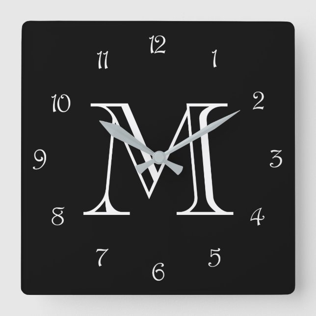 Monogram White Script Numbers On Black wccn Square Wall Clock (Front)