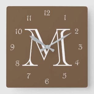 Monogram White Script Numbers On Brown wccn Square Wall Clock