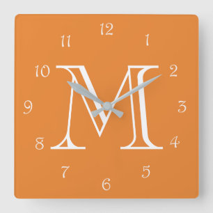 Monogram White Script Numbers On Orange wccn Square Wall Clock