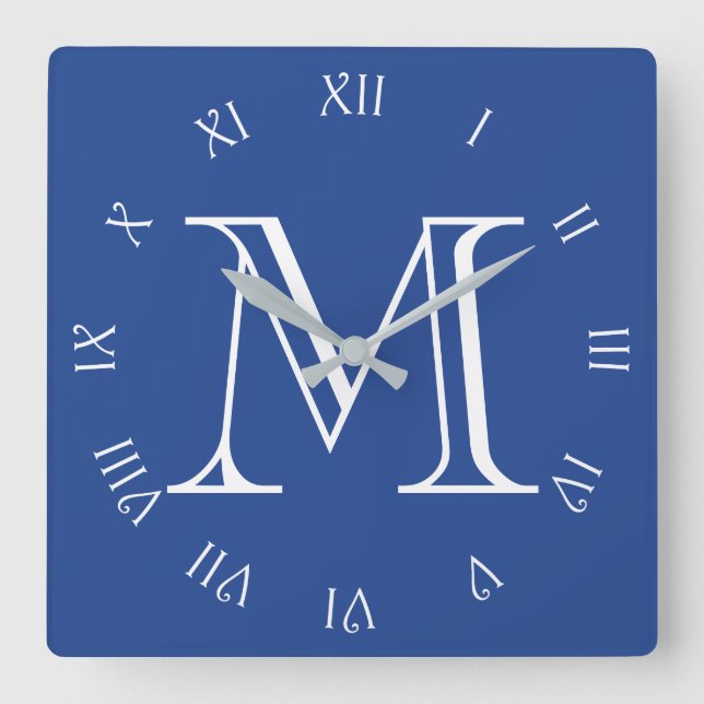 Monogram White Script Roman Numbers On Blue wccn Square Wall Clock (Front)