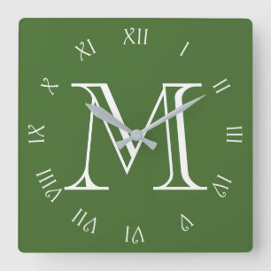 Monogram White Script Roman Numbers On Green wccnt Square Wall Clock