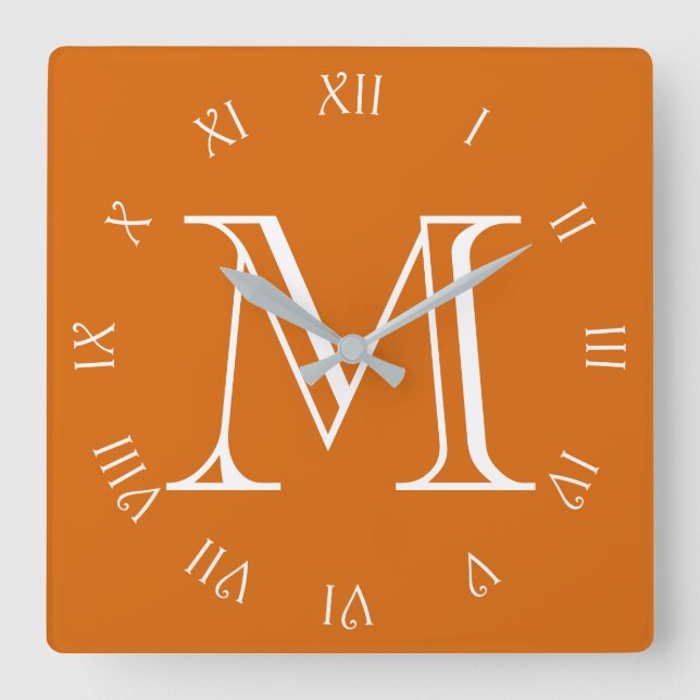 Monogram White Script Roman Numbers On Orange wct Square Wall Clock (Front)