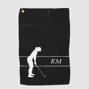 Monogram White Silhouette Woman Golfer Golf Towel