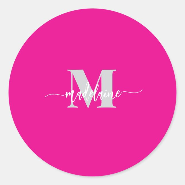 Monogram White Silver Pink Personal Classic Round Sticker (Front)