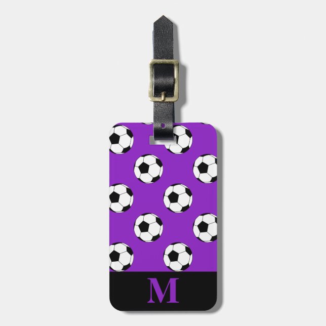 Monogram White Soccer Football Balls, Purple Luggage Tag (Front Vertical)