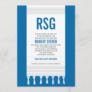 Monogram White Stripe Tallit Bar Mitzvah Invitation
