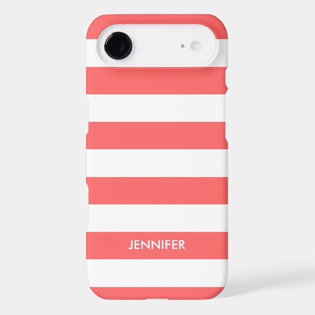 Monogram White Stripes Coral-Red Background Case-Mate iPhone Case (Back)