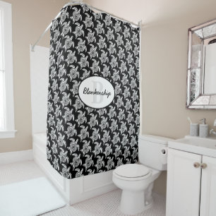 Monogram White Tribal Turtle Pattern Over Black Shower Curtain