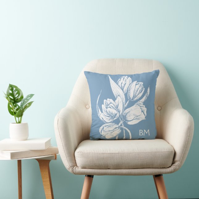 Monogram White Tulips on Dusk Blue Cushion (Chair)