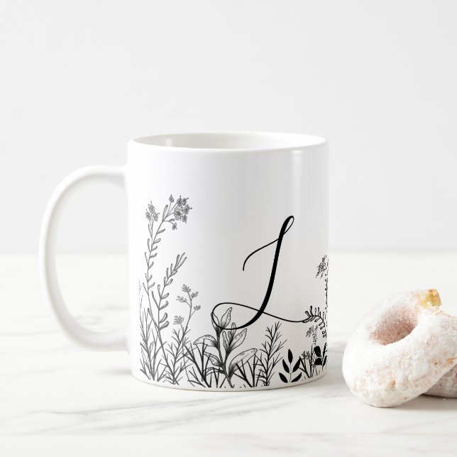 Monogram Wild Flowers Doodles Coffee Mug (With Donut)