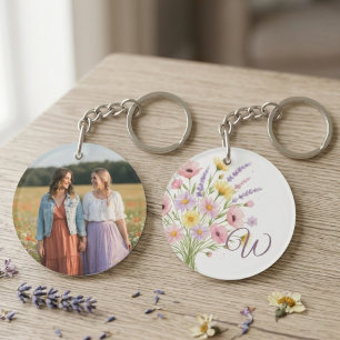 Monogram Wildflower Bouquet Photo Key Ring