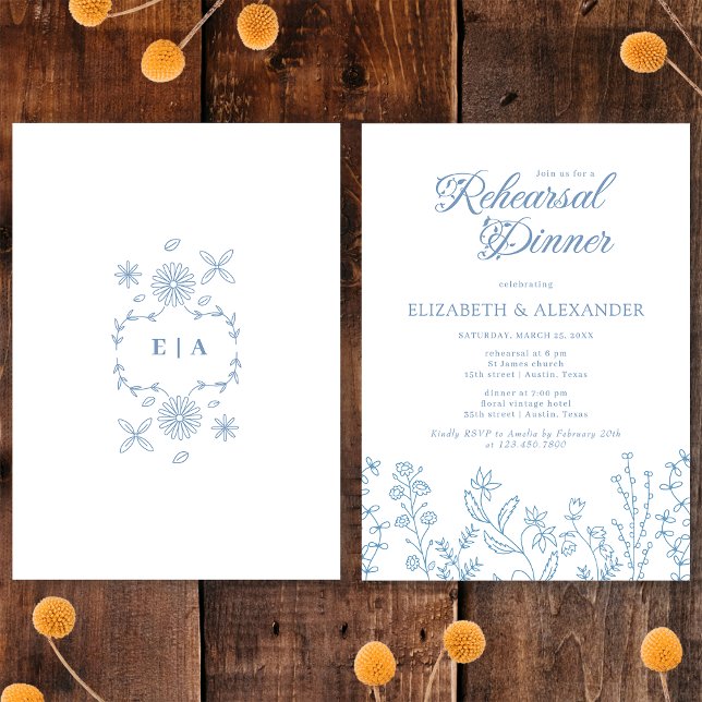 Monogram Wildflower Periwinkle Rehearsal Dinner Invitation (Creator Uploaded)