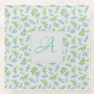 Monogram Wildflowers Blue Green Wedding Decor Glass Coaster