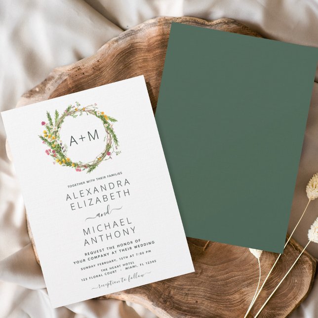 Monogram Wildflowers Emerald Green Wedding Invitat Invitation (Creator Uploaded)
