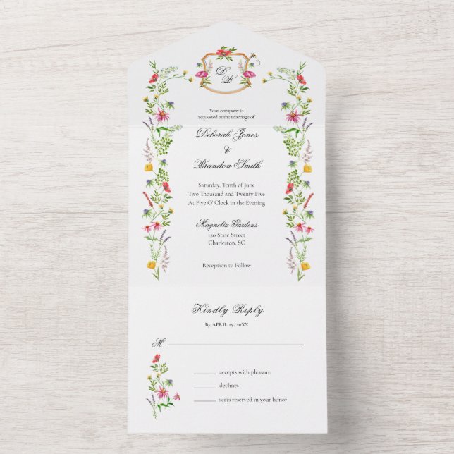 Monogram Wildflowers Garden Watercolor All In One Invitation (Inside)