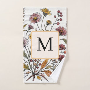 Monogram Wildflowers Vintage Watercolor Floral Hand Towel