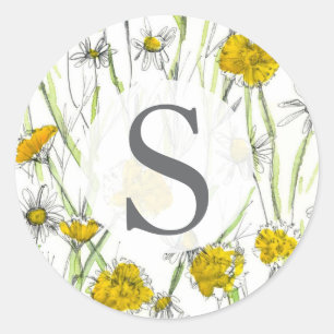 Monogram Wildflowers Yellow Watercolor  Classic Round Sticker