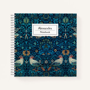 Monogram William Morris art pattern l Birds Navy Notebook