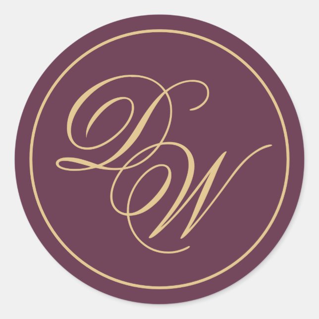 Monogram Wine Colour 2 Initials Golden Calligraphy Classic Round Sticker (Front)