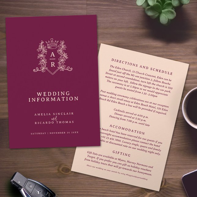 Monogram wine red peach wedding guest information enclosure card (Creator Uploaded)