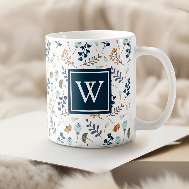 Monogram Winter Floral Botanical Navy Coffee Mug (This mug features a winter-inspired botanical floral with a monogram in navy.)