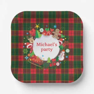 Monogram Winter Holiday Christmas Scottish Pattern Paper Plate