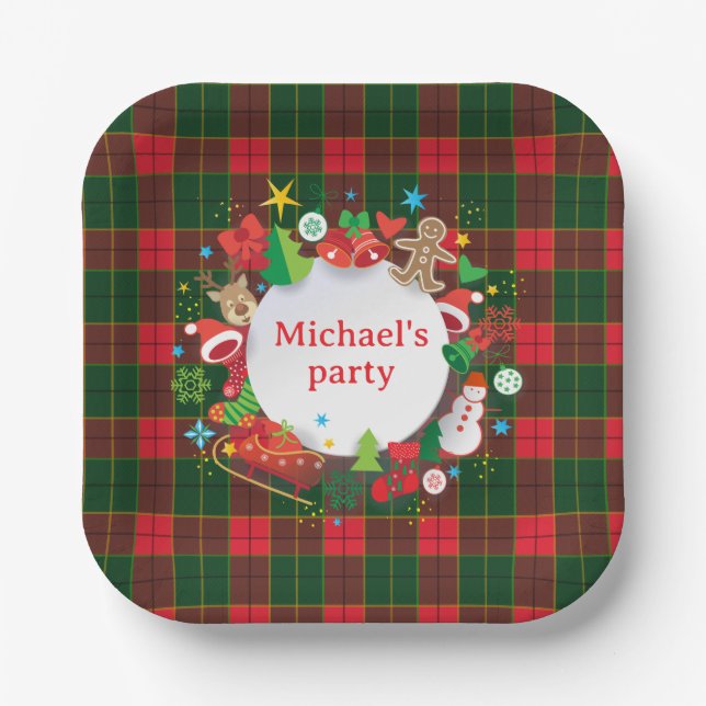 Monogram Winter Holiday Christmas Scottish Pattern Paper Plate (Front)