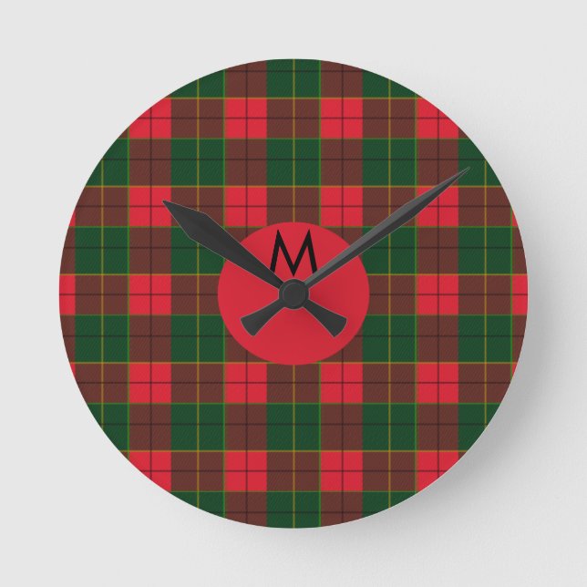 Monogram Winter Holiday Tartan pattern Scottish Round Clock (Front)