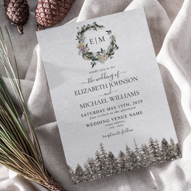 Monogram Winter Watercolor Floral Wreath Wedding Invitation (Winter Wedding Invitation)