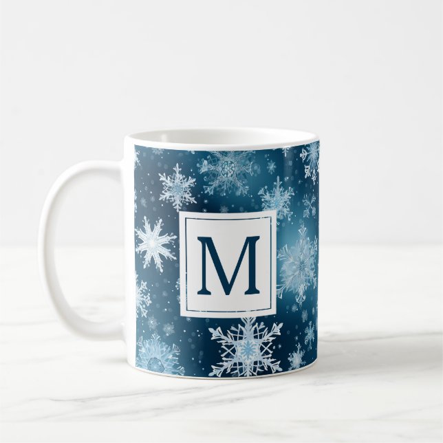 Monogram Winter Wonderland Snowflakes Blue White Coffee Mug (Left)