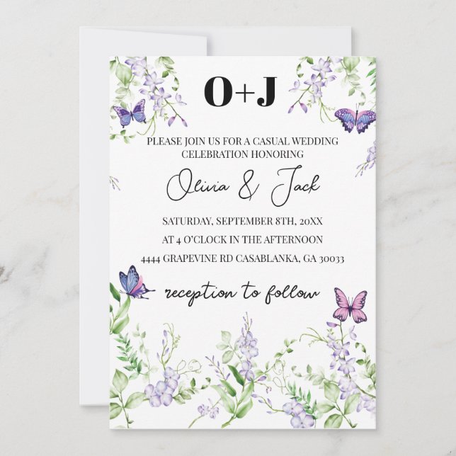 Monogram wisteria flower butterfly Wedding  Invitation (Front)
