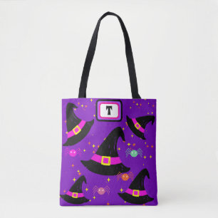 Monogram Witches Halloween Hats Purple Tote Bag
